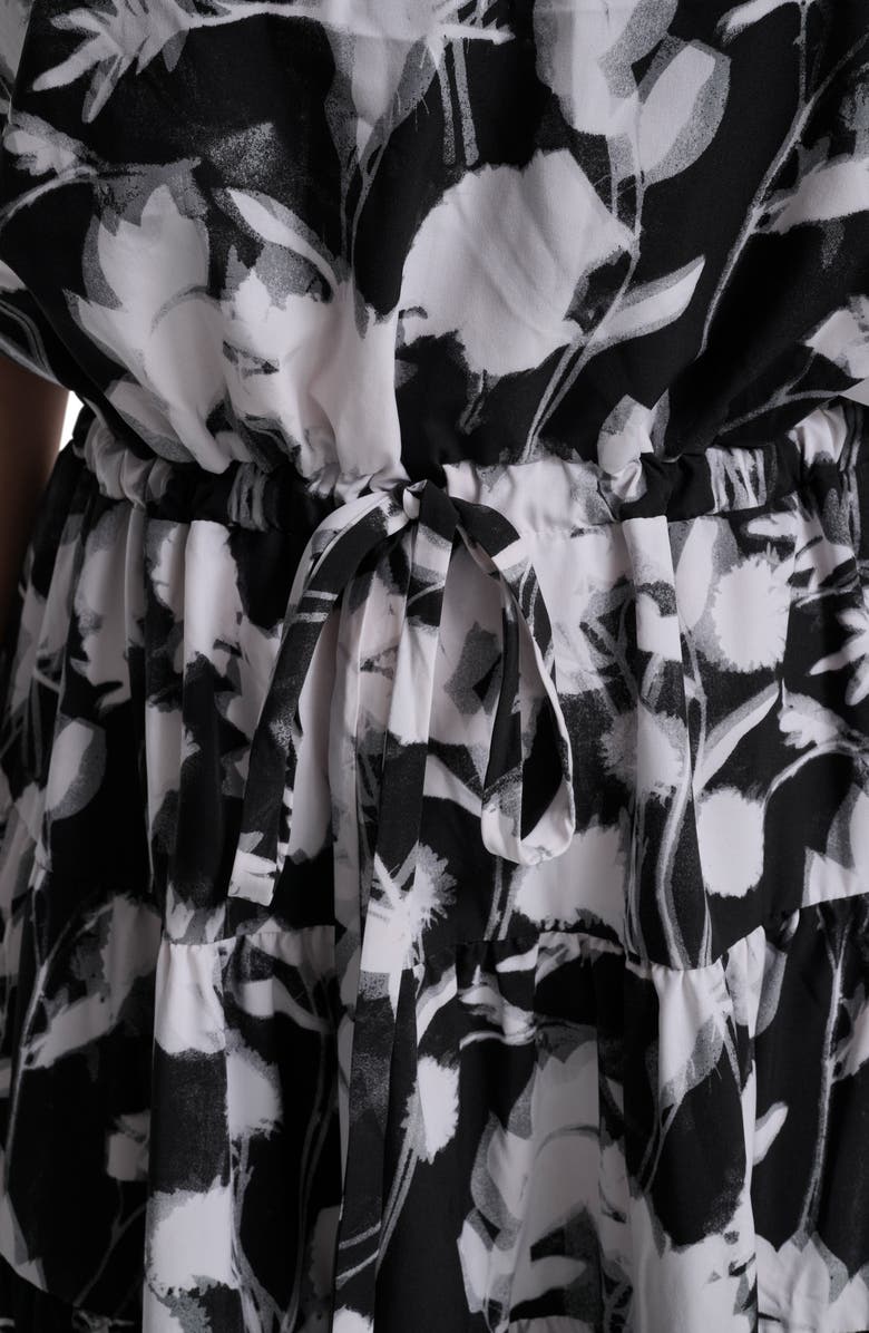 Calvin Klein Floral Elbow-Length Sleeve A-Line Midi Dress, Alternate, color, Black/ White