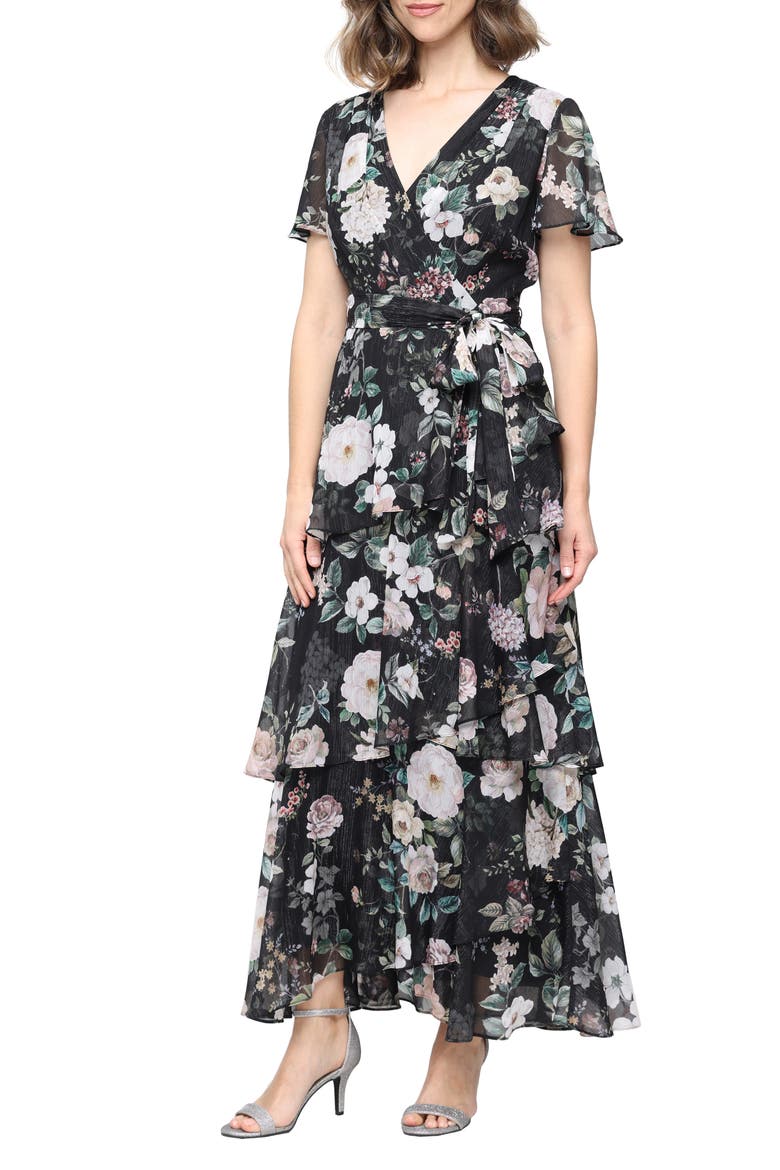 Metallic Floral Chiffon Gown, Main, color, BLACK MULTI