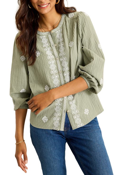 Embroidered Gauze Cotton Blend Top