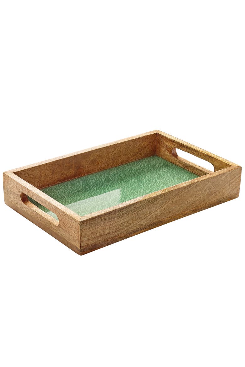 Mango Wood Lacquered Serving Tray, 12" x 8" x 2", Main, color, Green