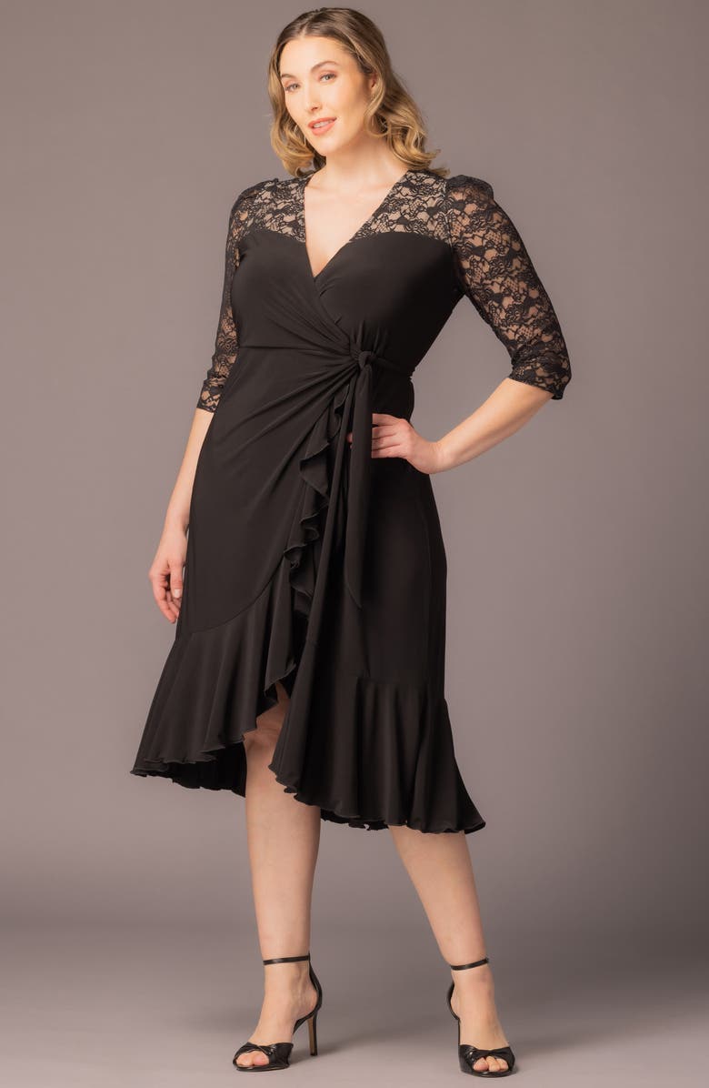 Kiyonna Lavish Lace Midi Wrap Dress, Alternate, color, Black Noir