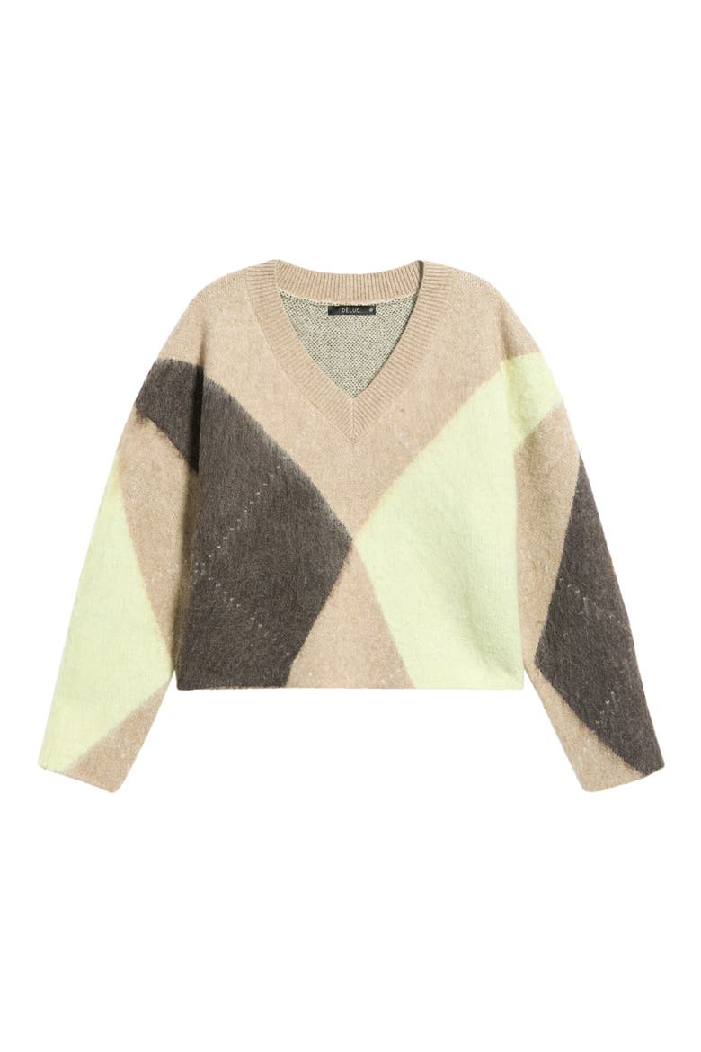 Micah V-Neck Sweater, Main, color, CAMEL WITH LEMON/ CHOCOLATE