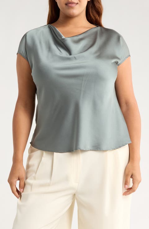 Cowl Neck Short Sleeve Satin Top (Plus)