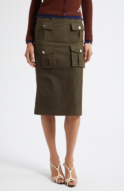 Multipocket Cotton Blend Utility Midi Skirt