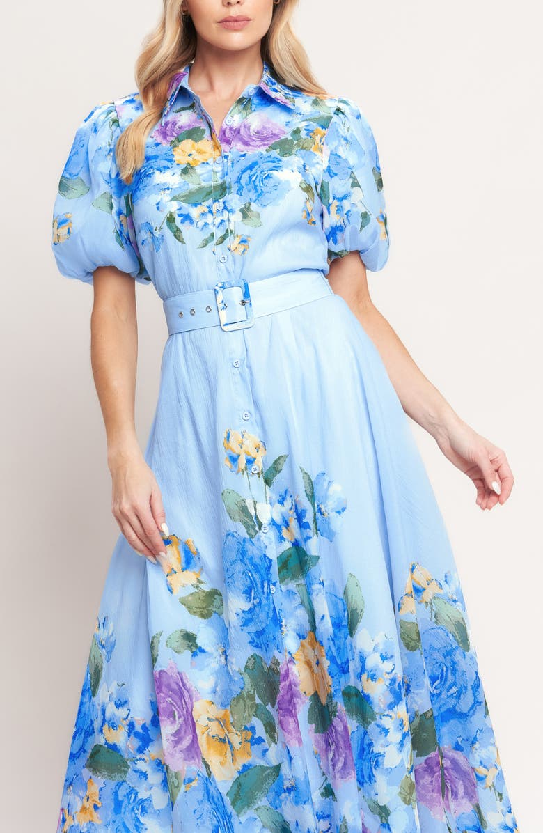 FLYING TOMATO Floral Crepe Midi Shirtdress, Alternate, color, Light Blue