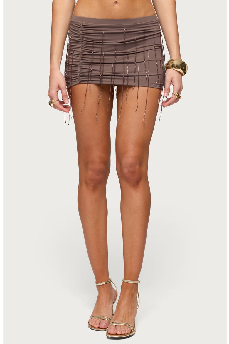 Cheryl Beaded Fringe Miniskirt, Main, color, BROWN