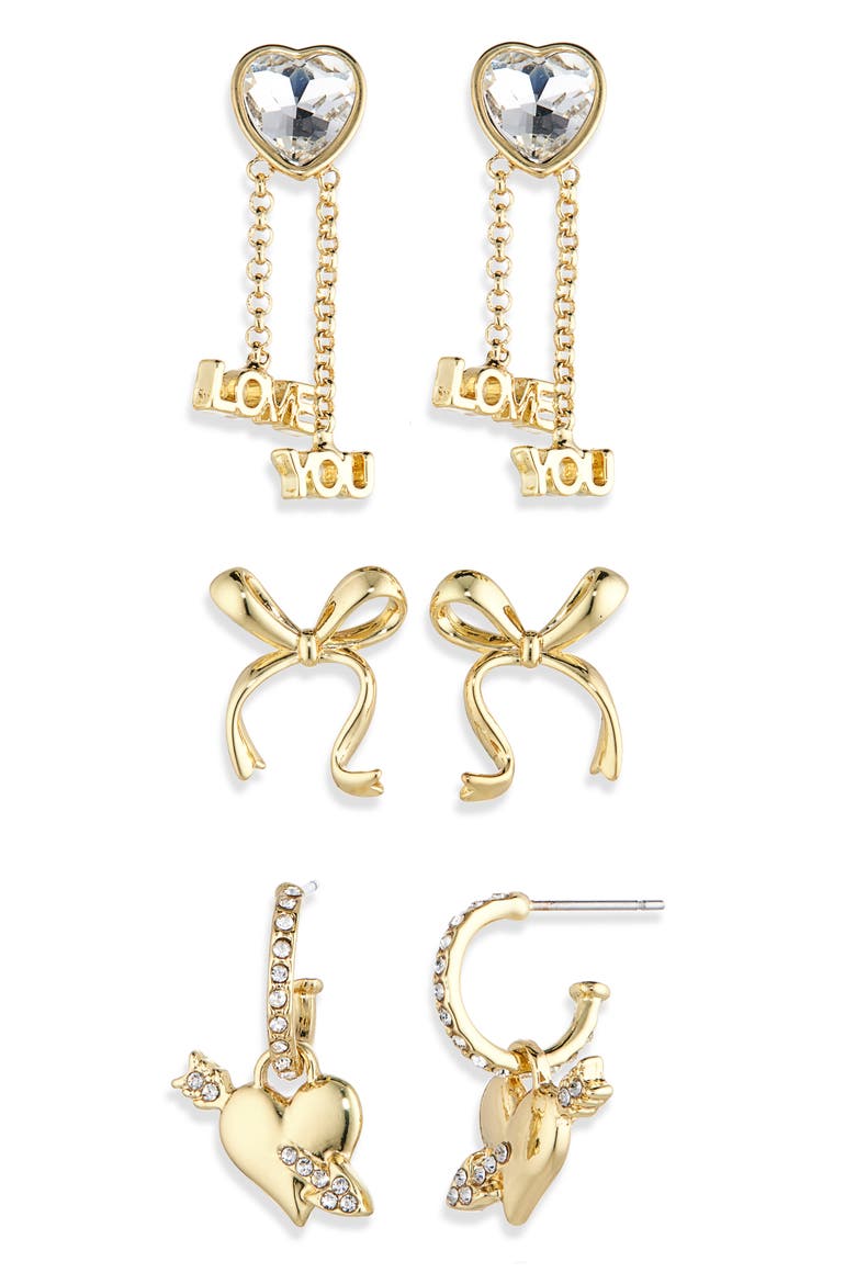Set of 3 Love You Earrings, Alternate, color, GOLD