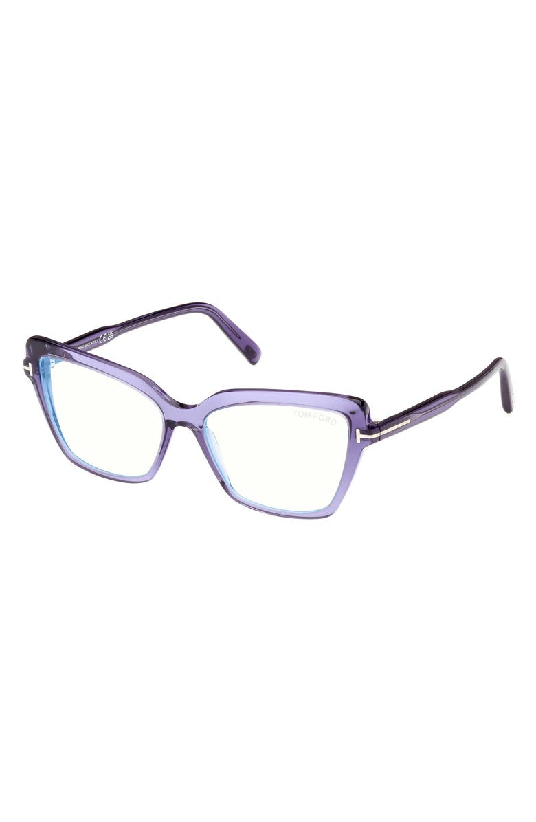 TOM FORD 55mm Cat Eye Blue Light Blocking Optical Glasses, Alternate, color, Violet / T Logo / Blue Block