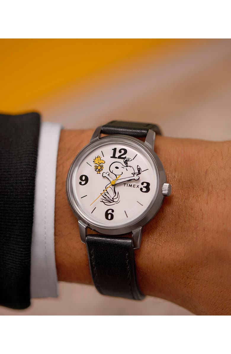 Timex<sup>®</sup> x Peanuts Marlin<sup>®</sup> 75th Anniversary Edition Leather Strap Watch, 38mm, Alternate, color,