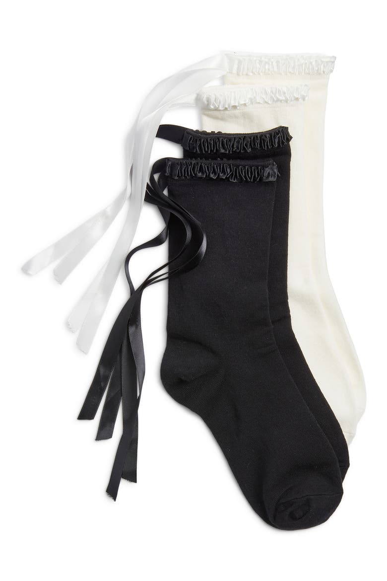 Lara Satin Ribbon Trim Cotton Blend Crew Socks, Main, color, BLACK WHITE