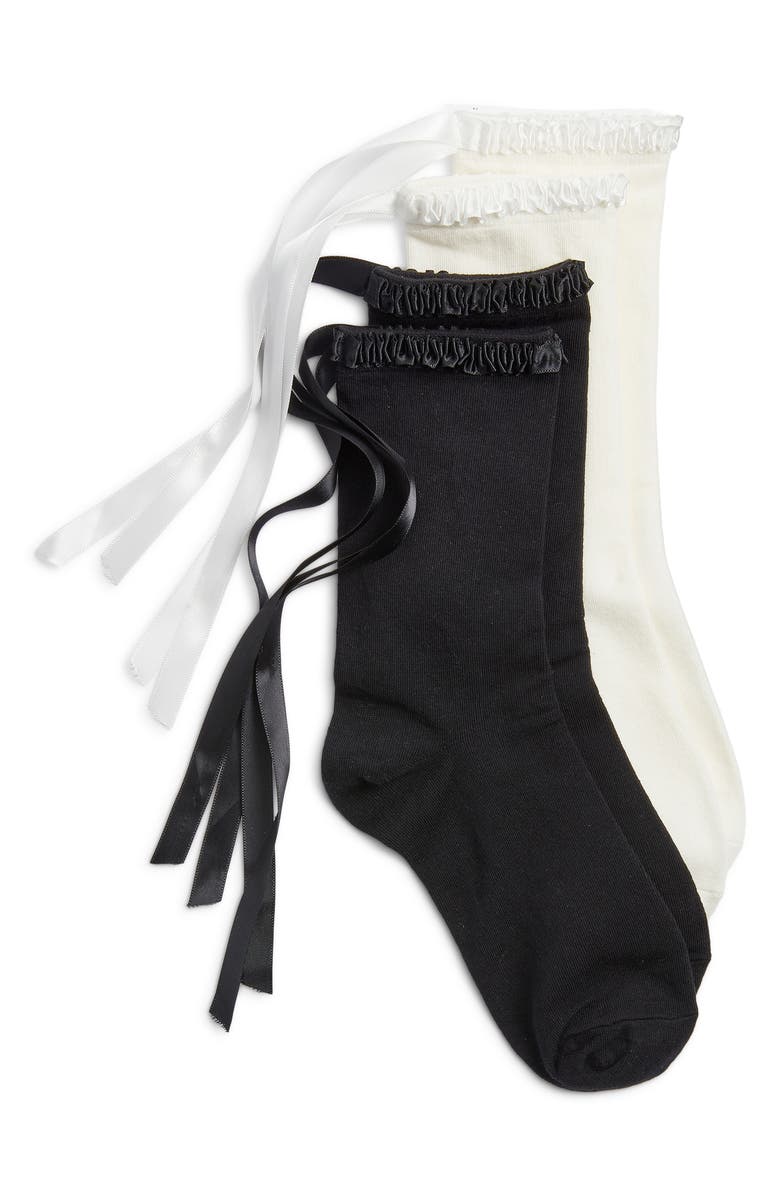 HIGH HEEL JUNGLE Lara Satin Ribbon Trim Cotton Blend Crew Socks, Main, color, Black White