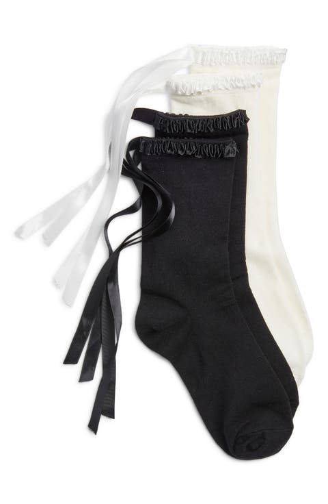 Lara Satin Ribbon Trim Cotton Blend Crew Socks