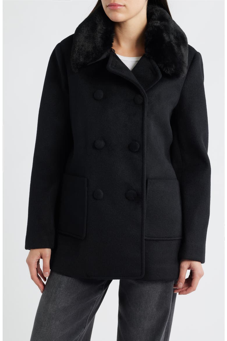 Faux Fur Collar Double Breasted Coat, Main, color, BLACK