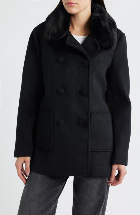 Faux Fur Collar Double Breasted Coat