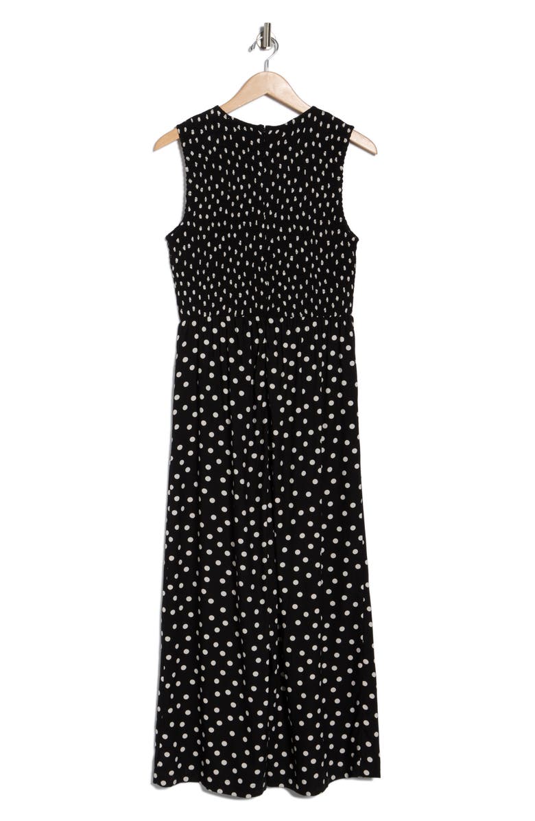 Calvin Klein Polka Dot Smocked Jumpsuit, Alternate, color, Black/ Cream