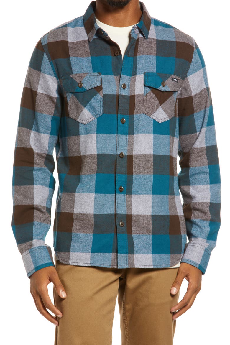 Men's Box Buffalo Check Flannel Button-Up Shirt, Alternate, color, DEMITASSE/BLUE CORAL
