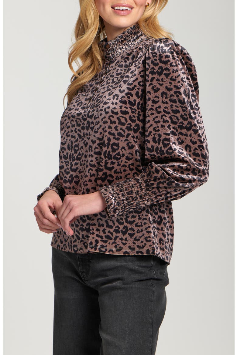 Puff Shoulder Button Front Top, Alternate, color, LATTE/ BLACK