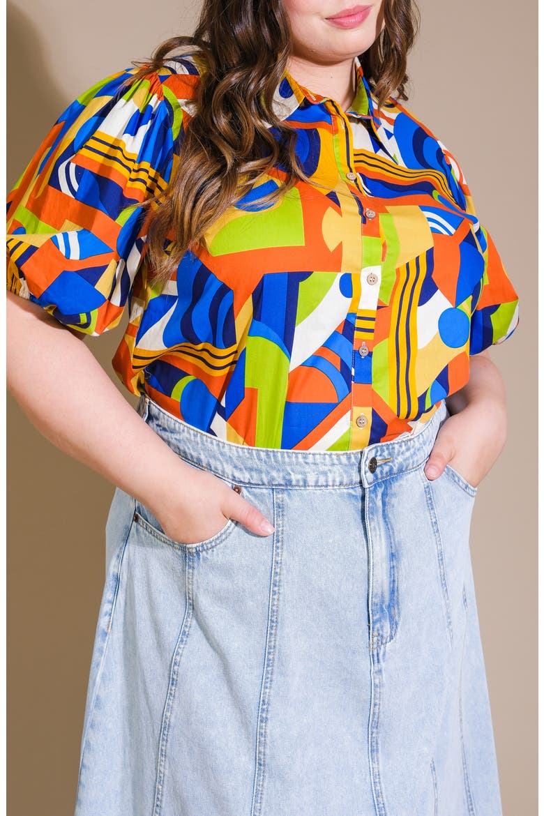 Geometric Print Puff Sleeve Button-Up Shirt, Alternate, color, BLUE RUST