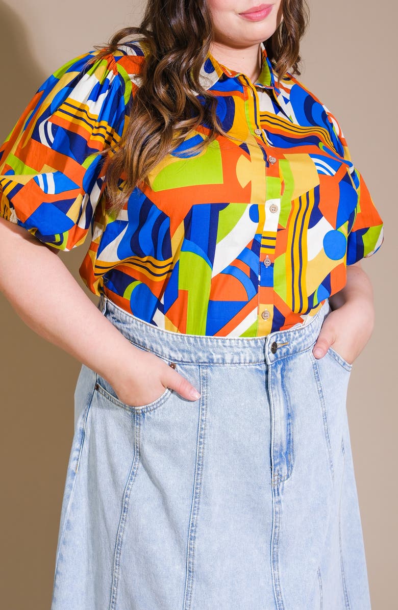 FLYING TOMATO Geometric Print Puff Sleeve Button-Up Shirt, Alternate, color, Blue Rust