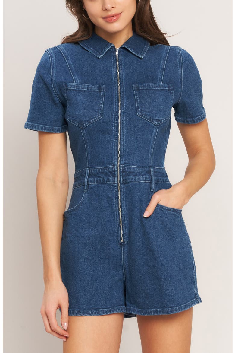 Denim Zip Romper, Alternate, color, MEDIUM INDIGO