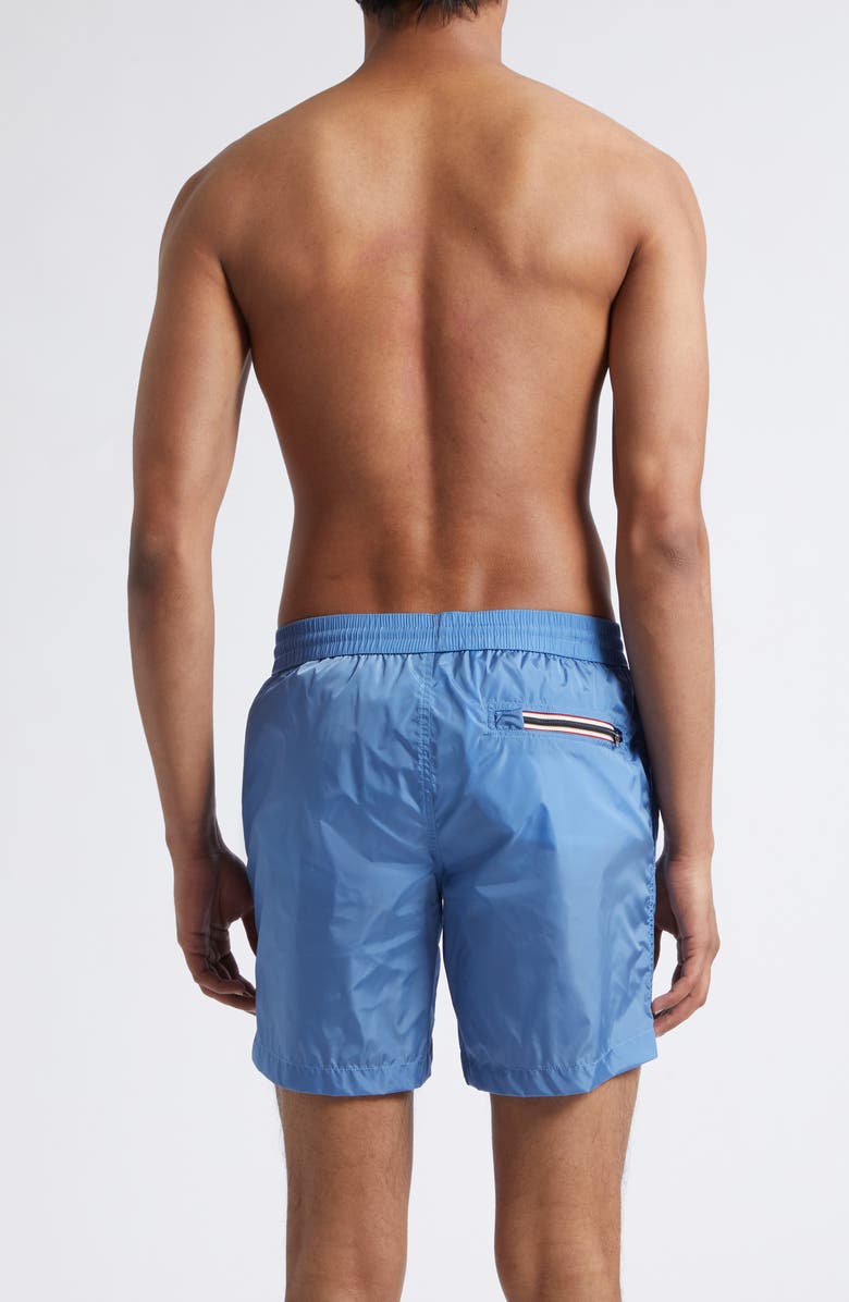 Moncler Logo Patch Swim Trunks, Alternate, color, Blue Jasper