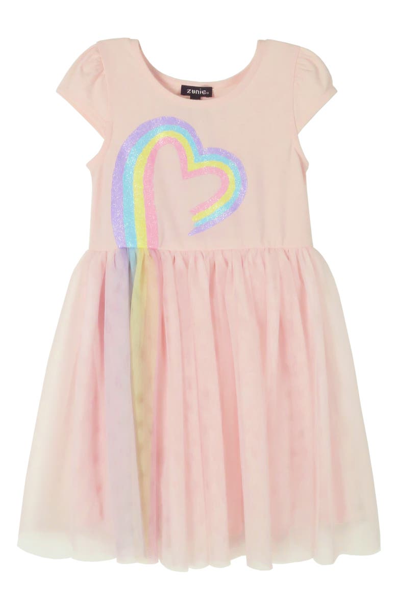Zunie Kids' Cap Sleeve Rainbow Heart Dress, Main, color, 