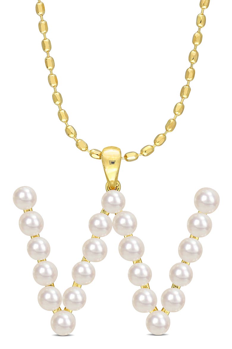 3.5-4mm Freshwater Cultured Pearl Initial Pendant Necklace, Main, color, GOLD-W