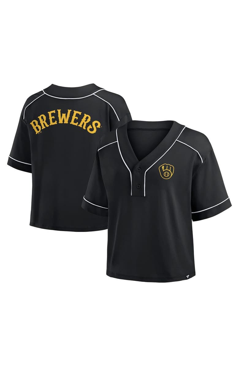 FANATICS Women's Fanatics Black Milwaukee Brewers Oversized Champ Game Cropped V-Neck T-Shirt, Alternate, color, 