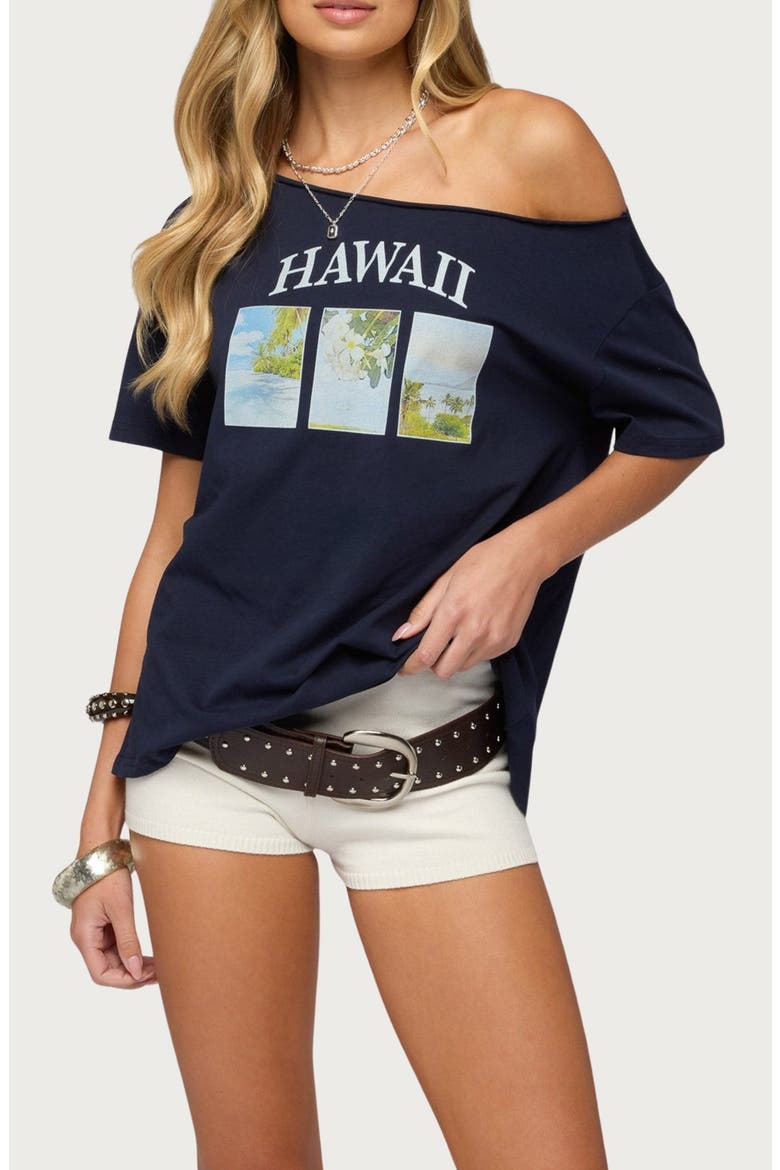 Hawaiian Babe Off the Shoulder Cotton Graphic T-Shirt, Main, color, NAVY