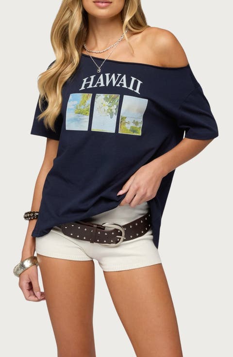 Hawaiian Babe Off the Shoulder Cotton Graphic T-Shirt