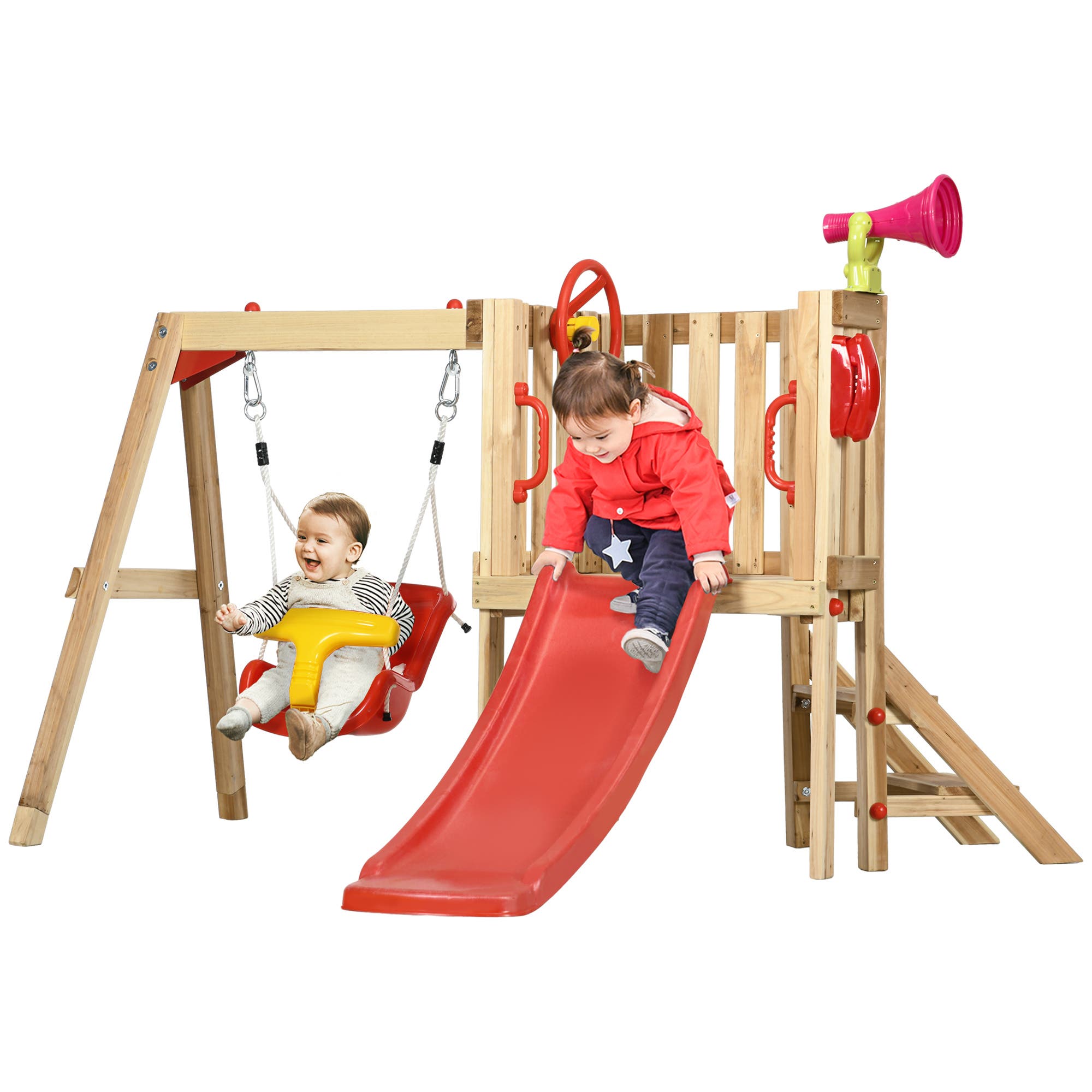 Outsunny 4-in-1 Wooden Swing Set with Swing, Slide, Horn, Steering Wheel, Outdoor Use in Red 