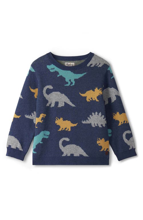 Hatley Dino Party Intarsia Cotton Crewneck Sweater In Blue