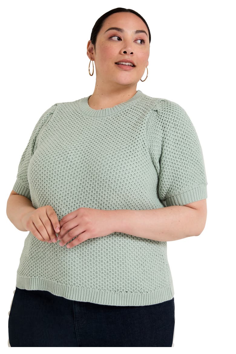 Puff-Sleeve Knit Sweater, Main, color, LIGHT JADE