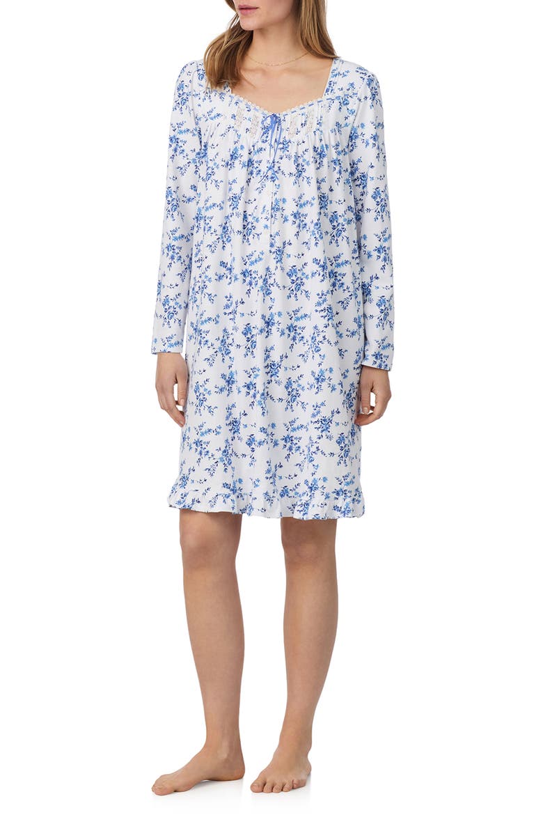 Long Sleeve Cotton Jersey Short Nightgown, Alternate, color, WHITE/ NAVY