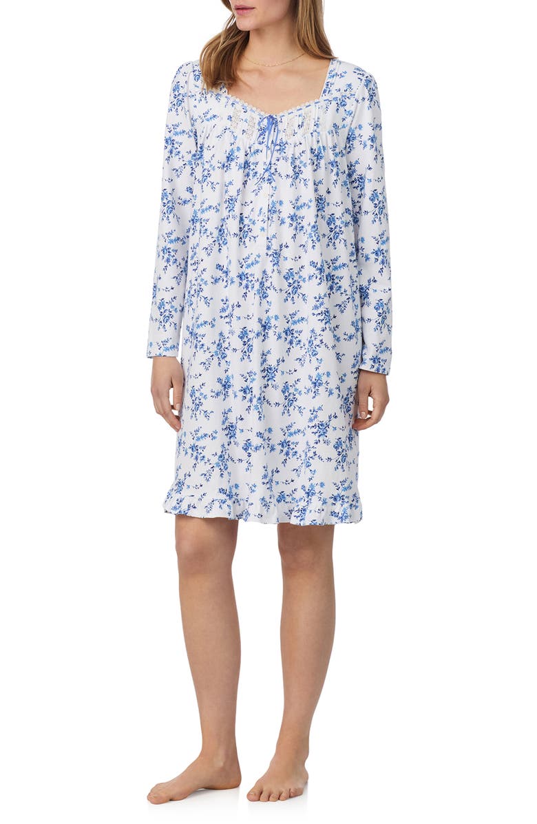 Eileen West Long Sleeve Cotton Jersey Short Nightgown, Alternate, color, White/ Navy