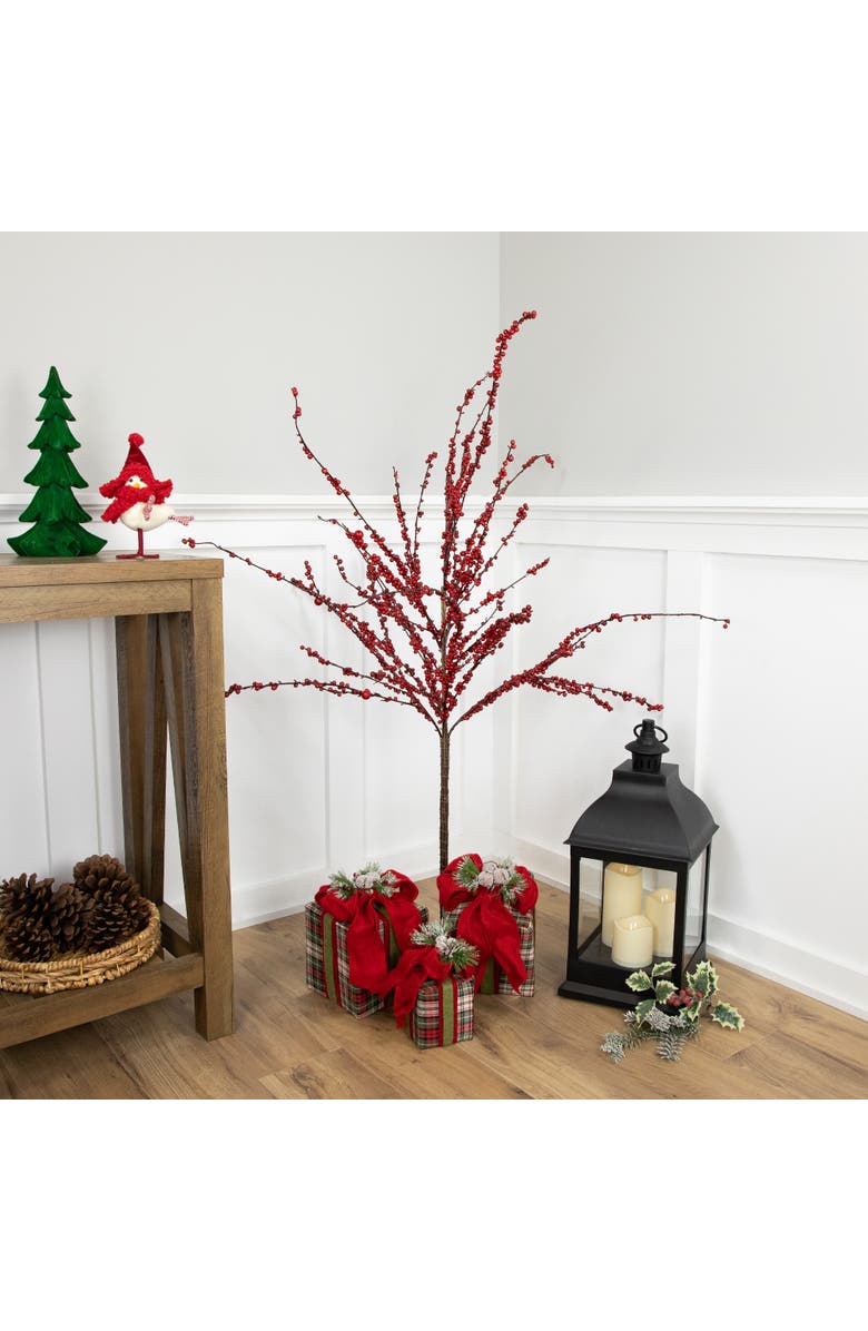 Northlight 50" Artificial Red Berry Christmas Twig Tree with Square Stand, Unlit, Alternate, color, 