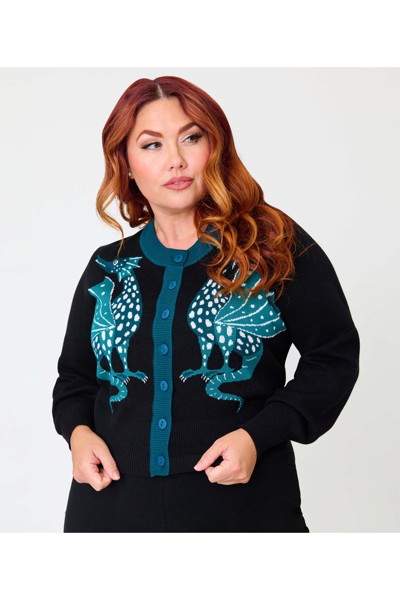 Plus Size 1950s Cropped Cardigan, Main, color, Black Dragon Print