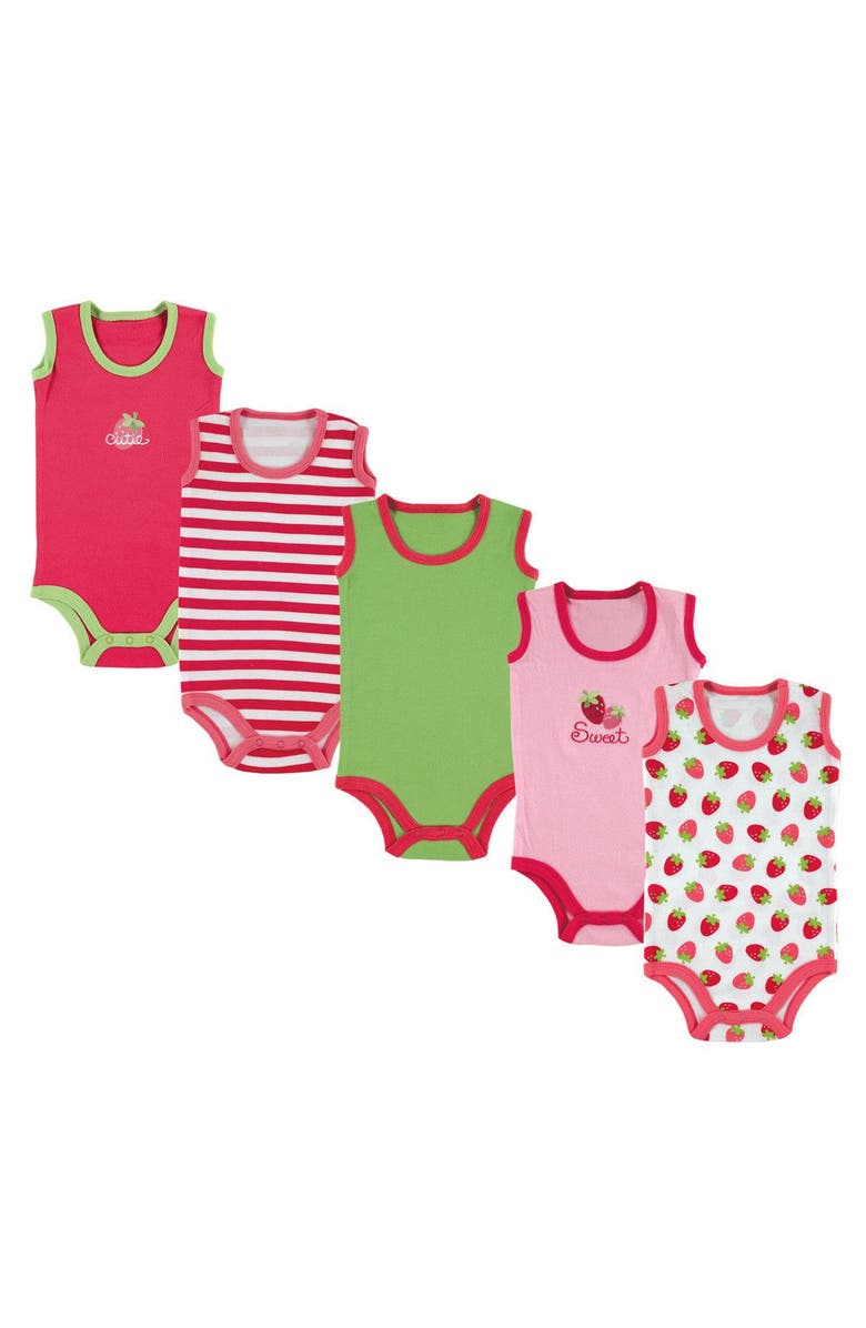 Luvable Friends Cotton Sleeveless Bodysuits, Main, color, Pink Strawberry