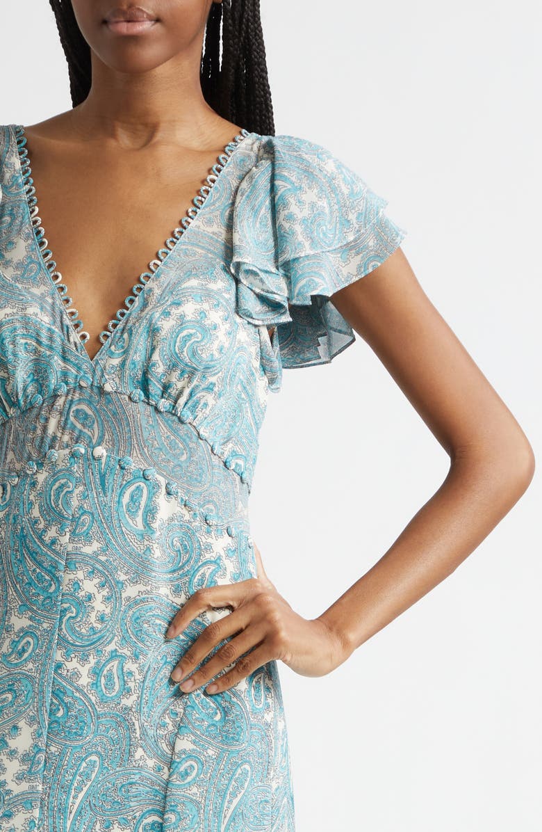 Cinq à Sept Joplin Hendrix Paisley Ruffle Detail Dress, Alternate, color, Gardenia/ Blue Graphite