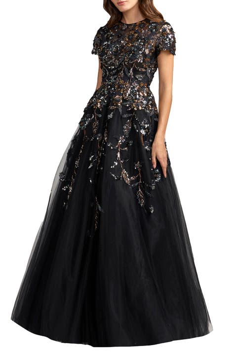 Floral Embellished High Neck Tulle Ball Gown