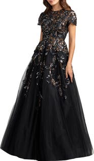 Mac Duggal Floral Embellished High Neck Tulle Ball Gown