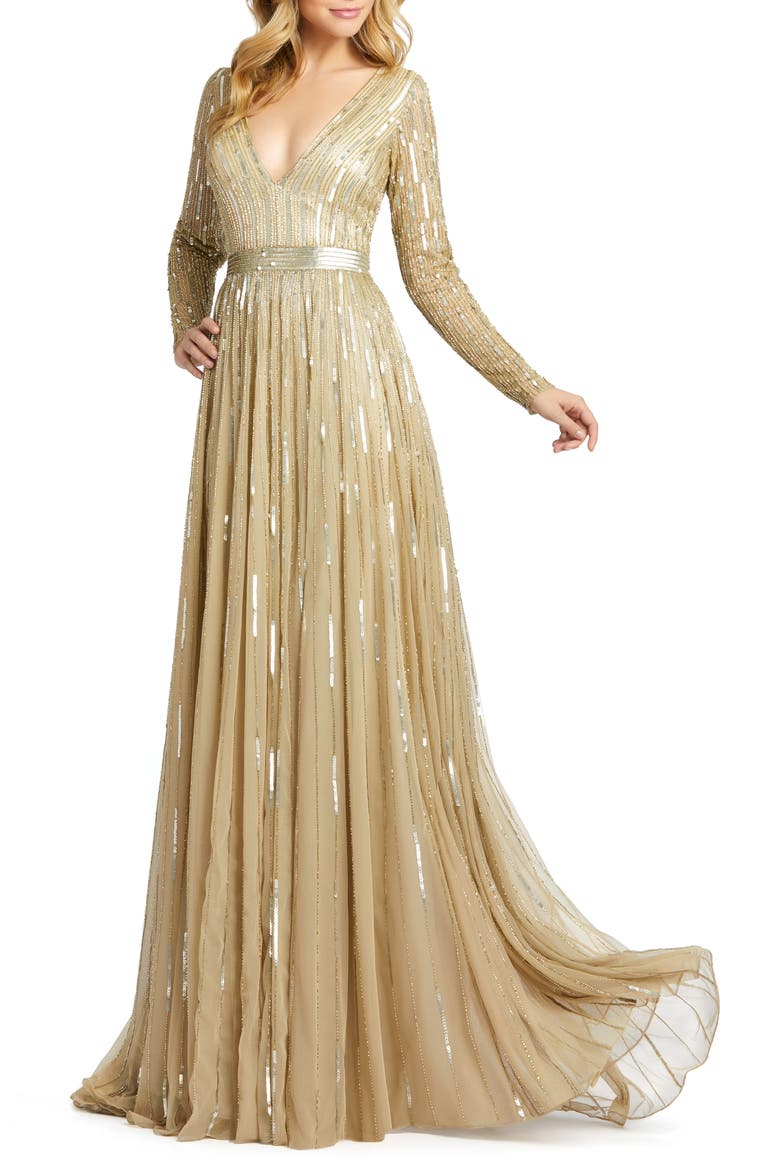 Sequined Long Sleeve Plunging V-Neck Gown, Main, color, TAUPE