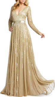 Mac Duggal Sequined Long Sleeve Plunging V-Neck Gown
