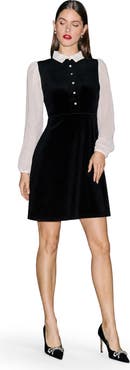 Yumi Contrast Long Sleeve Velvet Mini Dress
