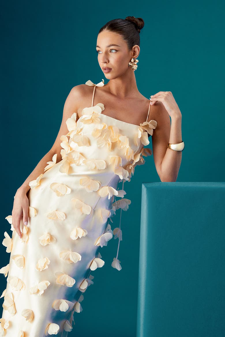 3D Flowers Strappy Satin Midi Dress, Alternate, color, Yellow