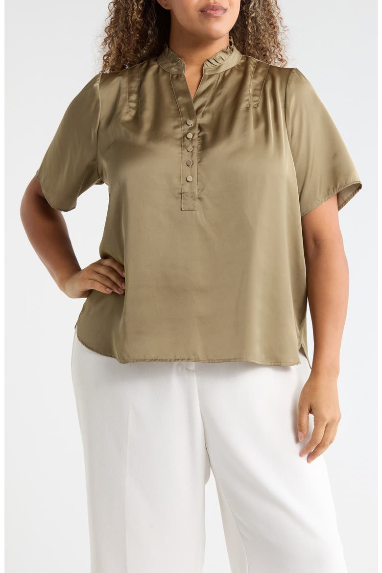 Ruffle Split Neck Short Sleeve Top, Main, color, LIGHT OLIVE