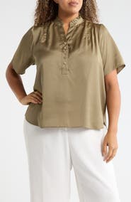 T Tahari Ruffle Split Neck Short Sleeve Top