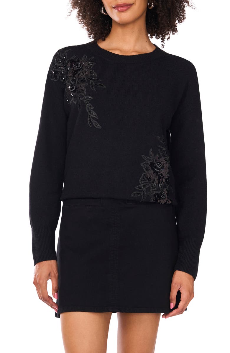 Vince Camuto Sequin Beaded Embroidery Detail Sweater, Main, color, Rich Black