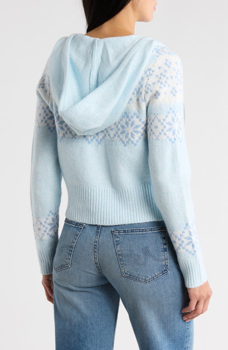 Madden Girl Fair Isle Jacquard Zip Front Hooded Cardigan, Alternate, color, Icy Teal Combo