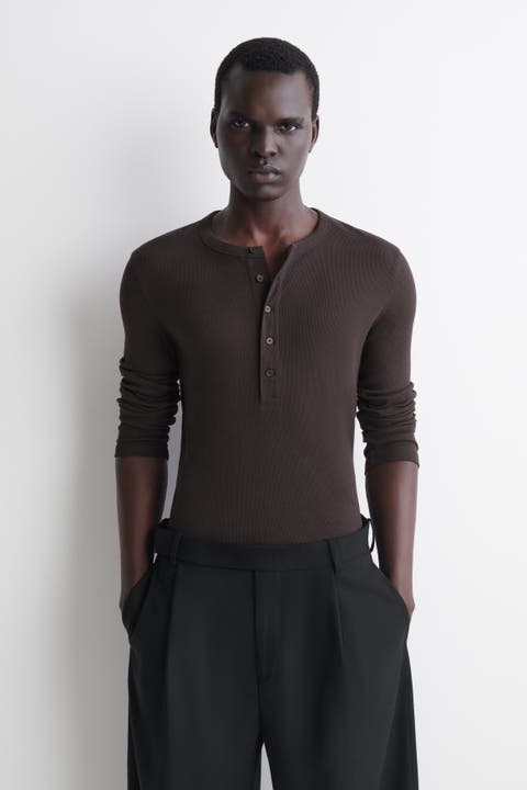 Slim Ribbed Cotton Long-sleeved Henley T-shirt